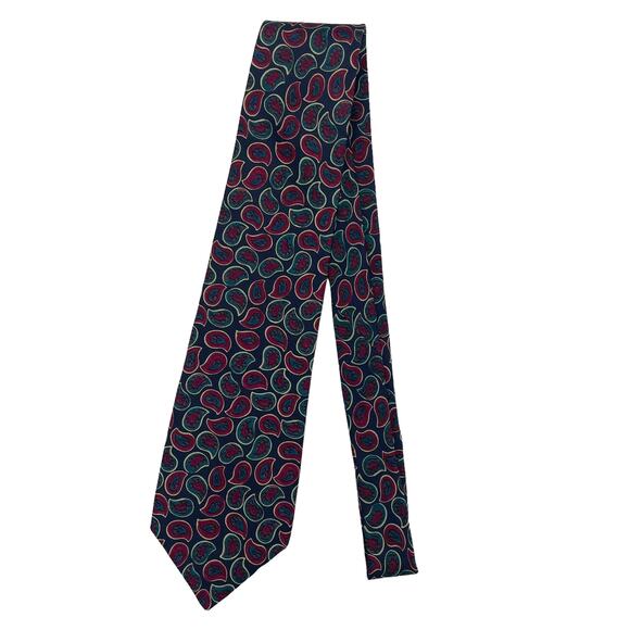 Vintage Tom James Silk Red Green Paisley Print Handmade Tie Mens One Size - Picture 1 of 7